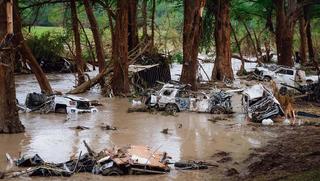 KERRVILLE, TX - JULY 6: Wrecked vehicles and trailers along the Guadalupe River in Kerrville, Texas on Sunday, July 6, 2025. (Photo by Desiree Rios for The Washington Post via Getty Images)