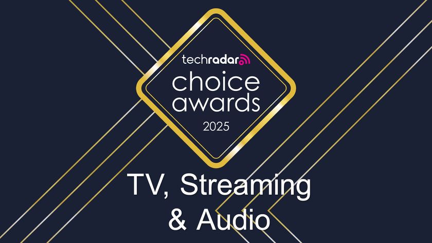 The TechRadar Choice Awards 2025 logo, which is a gold diamond, against a blue background with sharp-angled gold lines