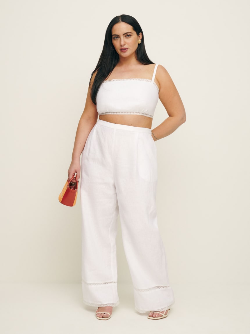 Reformation two piece white linen set.