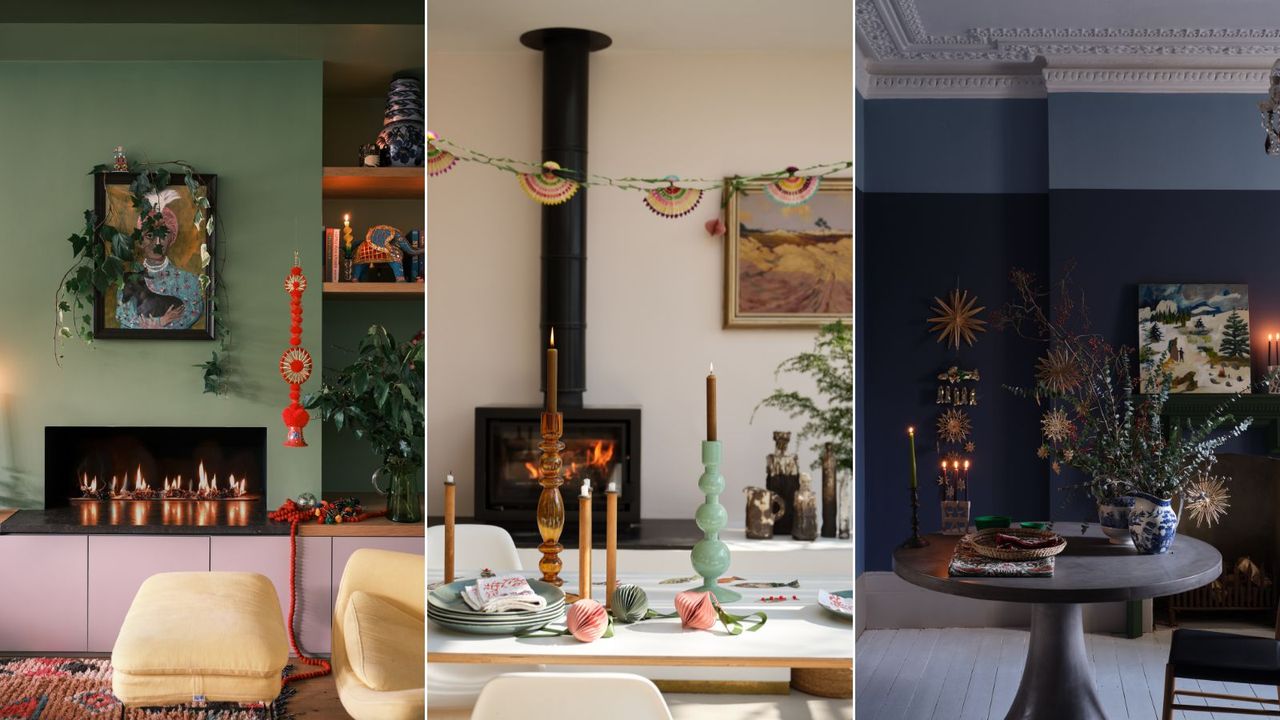 Three colorful rooms decorated for Christmas