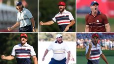 A montage of Tommy Fleetwood, Cameron Young, Rory McIlroy, Bryson DeChambeau, Shane Lowry and Scottie Scheffler all celebrating at the 2025 Ryder Cup