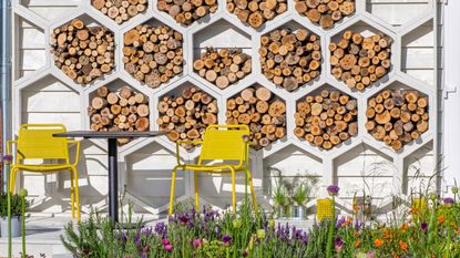 bug hotel ideas a garden building with honeycomb design including an insect hotel. Show garden designed by Wilson Associates Garden Design.