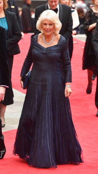 Queen Camilla in a show-stopping navy gown