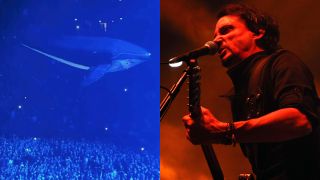 A photo of a giant, inflatable whale in mid-air, next to a picture of Gojira singer/guitarist Joe Duplantier performing in 2025