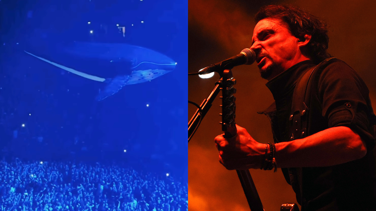 A photo of a giant, inflatable whale in mid-air, next to a picture of Gojira singer/guitarist Joe Duplantier performing in 2025