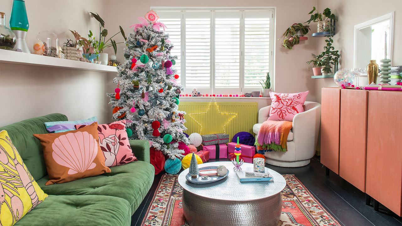 Christmas living room with Christmas tree and coffee table