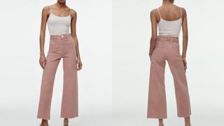 composite of model wearing Zara The Marine Straight Jeans in light pink