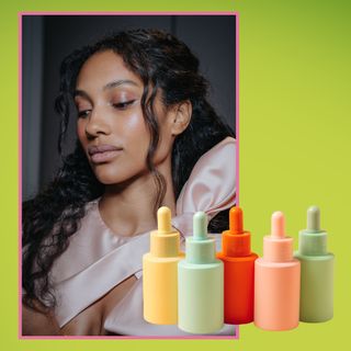 woman on a green background next to white label beauty products