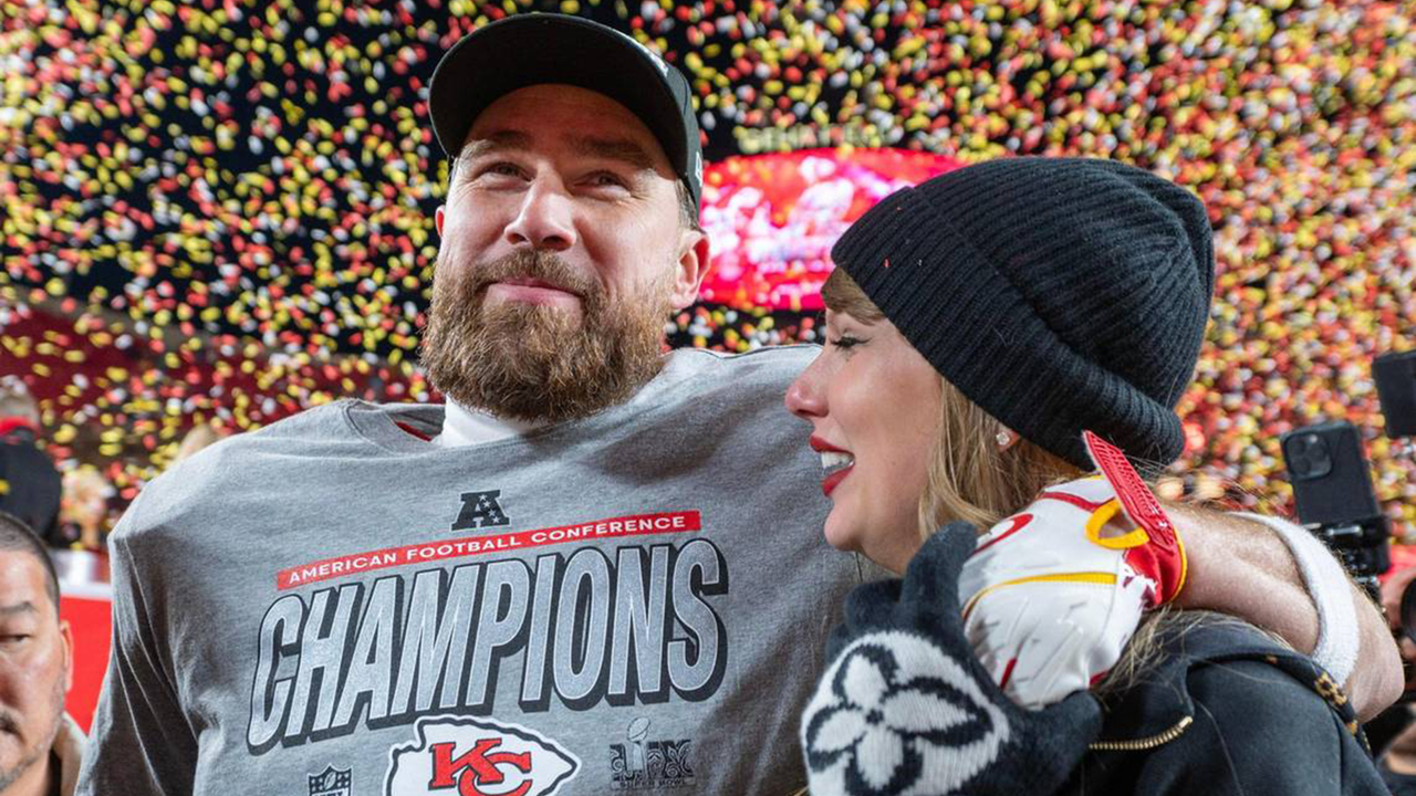 Kansas City Chiefs tight end Travis Kelce (87) and Taylor Swift walk off the field after the trophy ceremony following the Chiefs&#039; 32-29 victory over the Buffalo Bills in the AFC Championship Game on Sunday, Jan. 26, 2025, at GEHA Field at Arrowhead Stadium