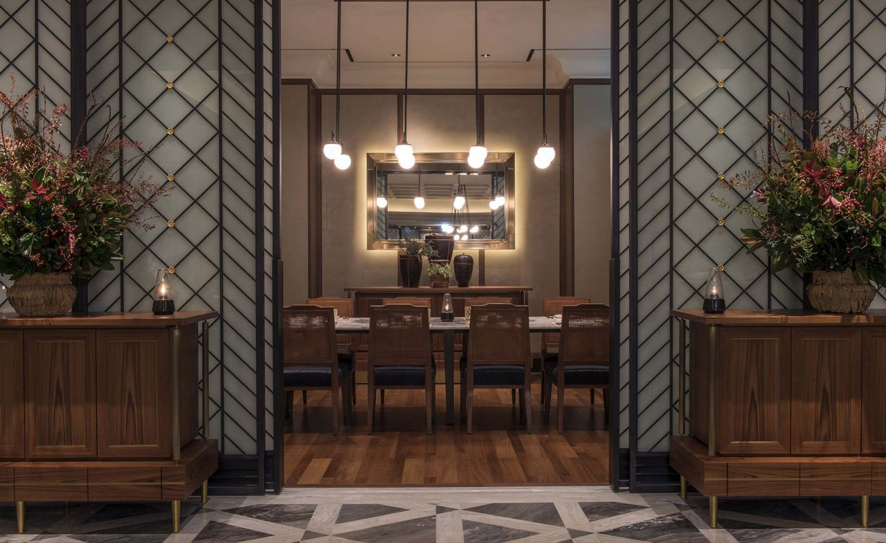 Wooden interior with large dining table