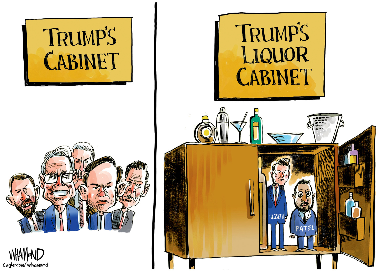 This is a two-panel cartoon. The left side is &amp;ldquo;Trump&amp;rsquo;s Cabinet&amp;rdquo; and includes caricatures of MarkQwayne Mullin, Scott Bessent, and Marco Rubio.&amp;rdquo; The right side is named &amp;ldquo;Trump&amp;rsquo;s Liquor Cabinet&amp;rdquo; and depicts miniature versions of Pete Hegseth and Marco Rubio inside a wooden liquor cabinet.