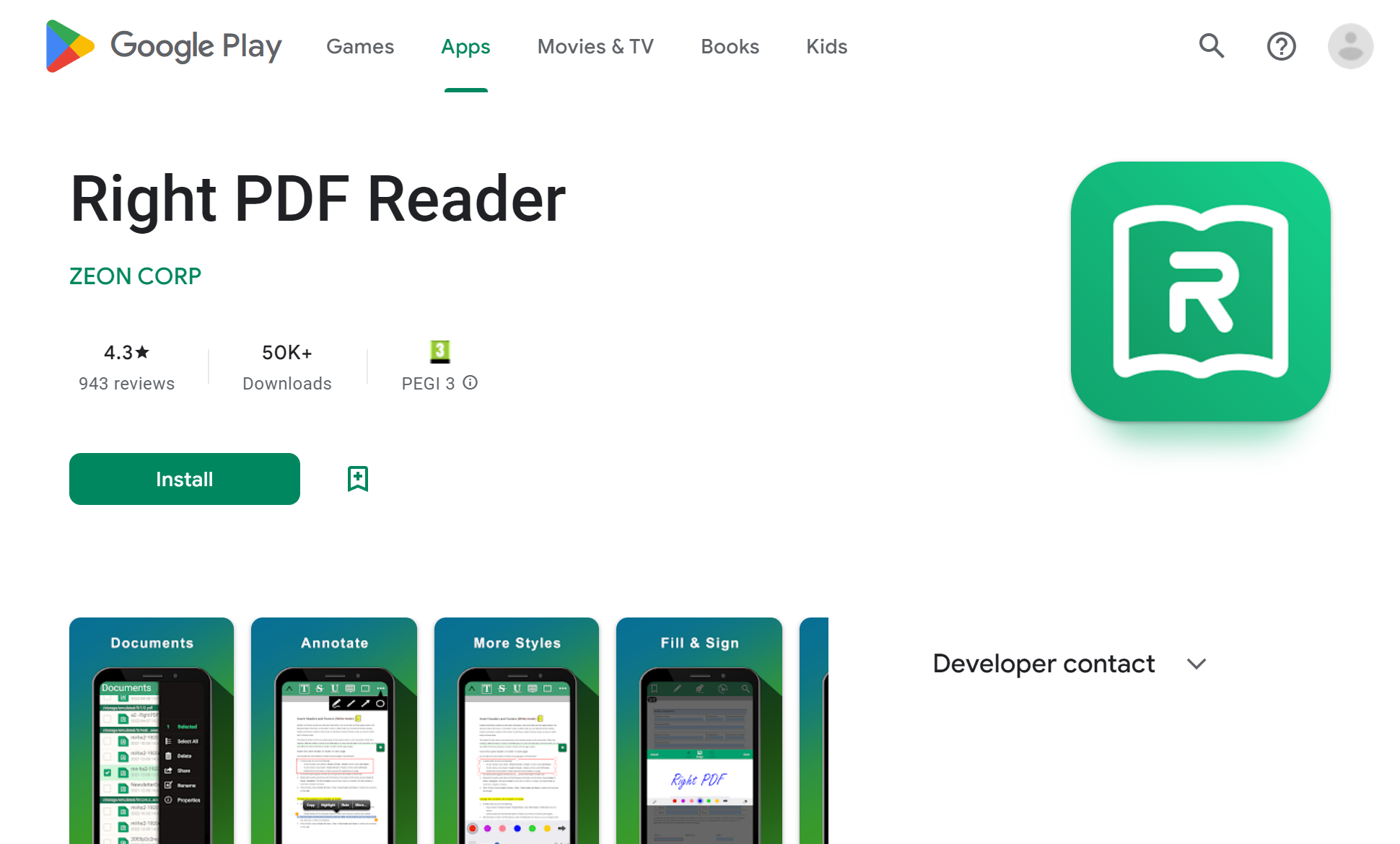 Google Play screenshot of Right PDF Reader app
