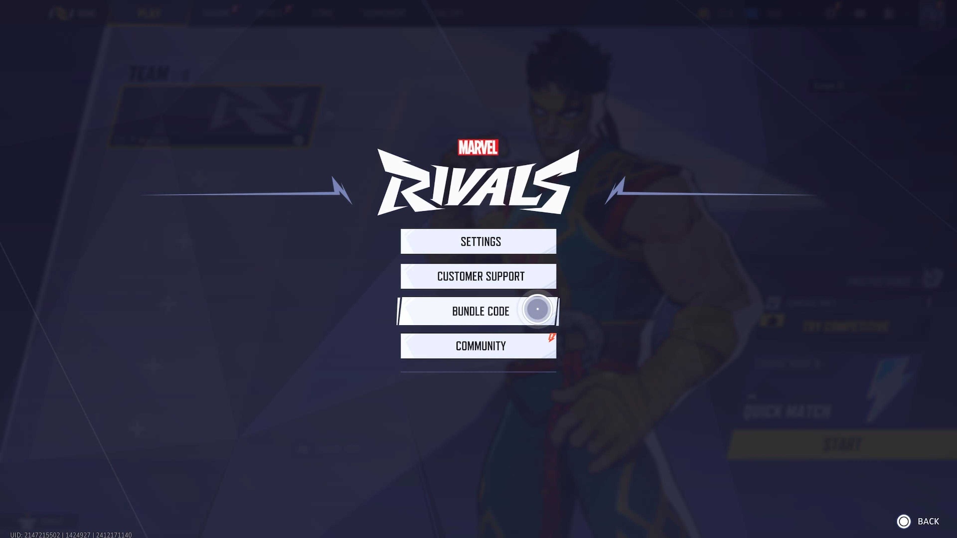 The Marvel Rivals pause menu showing options for Settings, Customer Support, Bundle Code and Community