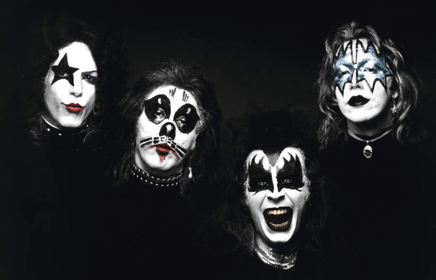 Paul Stanley, Peter Criss, Gene Simmons and Paul Stanley of the rock and roll band Kiss pose for a portrait for the cover of their self-entitled first album "Kiss"