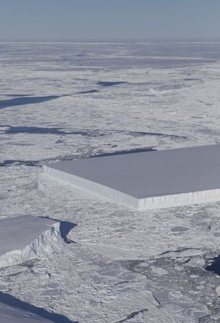 NASA's IceBridge project captured this view of a strange rectangular-shaped iceberg in Antarctica in October 2018.