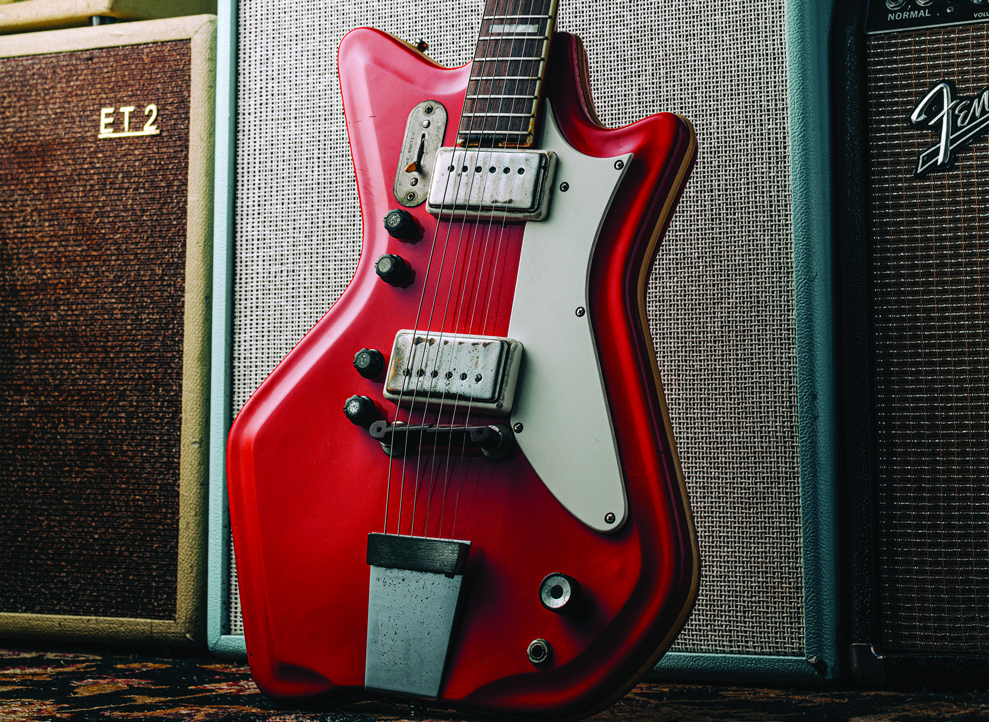A detail photo of Jack White's 1964 &amp;ldquo;JB Hutto&amp;rdquo; Montgomery Ward Airline electric guitar