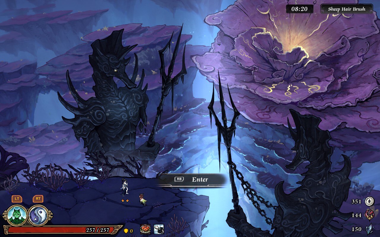 A screenshot from Realm of Ink showing the protagonist facing a scary hellish landscape