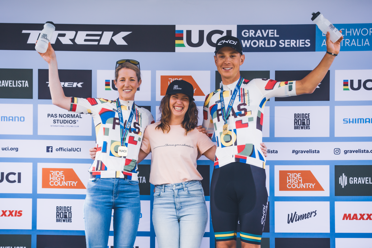 Courtney Sherwell and Connor Sens in the leader's jerseys at the Gravelista round of the UCI Gravel World Series race in Beechworth, 2023