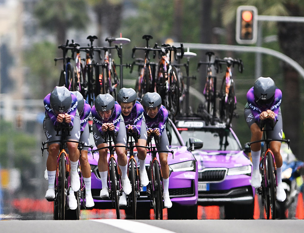 BARCELONA SPAIN MAY 04 A general view of Mavi Garcia of Spain Georgia Baker of Australia Jeanne Korevaar of Netherlands Amber Pate of Australia Josie Talbot of Australia Monica Trinca Colonel of Italy Letizia Paternoster of Italy and Team Liv Allua Jayco compete during the 11th La Vuelta Femenina 2025 Stage 1 a 81km team time trial stage from Barcelona to Barcelona UCIWWT on May 04 2025 in Barcelona Spain Photo by Szymon GruchalskiGetty Images