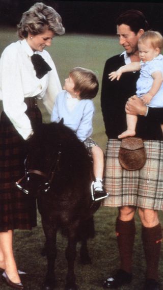Prince William sat on a pony, mum Princess Diana, Prince Charles and Prince Harry