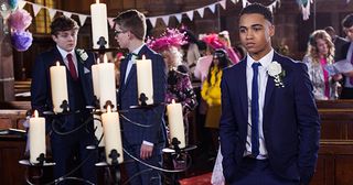 Hunter McQueen waits for Prince at the altar in Hollyoaks.
