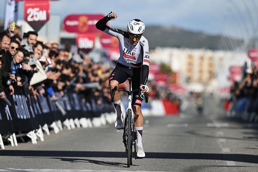 YECLA, SPAIN - FEBRUARY 13: Marc Soler of Spain and UAE Team Emirates - XRG celebrates at finish line as stage winner during the 46th Vuelta a la Region de Murcia 2026, Stage 1 a 83.5km stage from Fortuna to Yecla 598m / The race has been neutralized due to strong winds and will resume again at 2pm from the town of Fortuna / on February 13, 2026 in Yecla, Spain. (Photo by Dario Belingheri/Getty Images)
