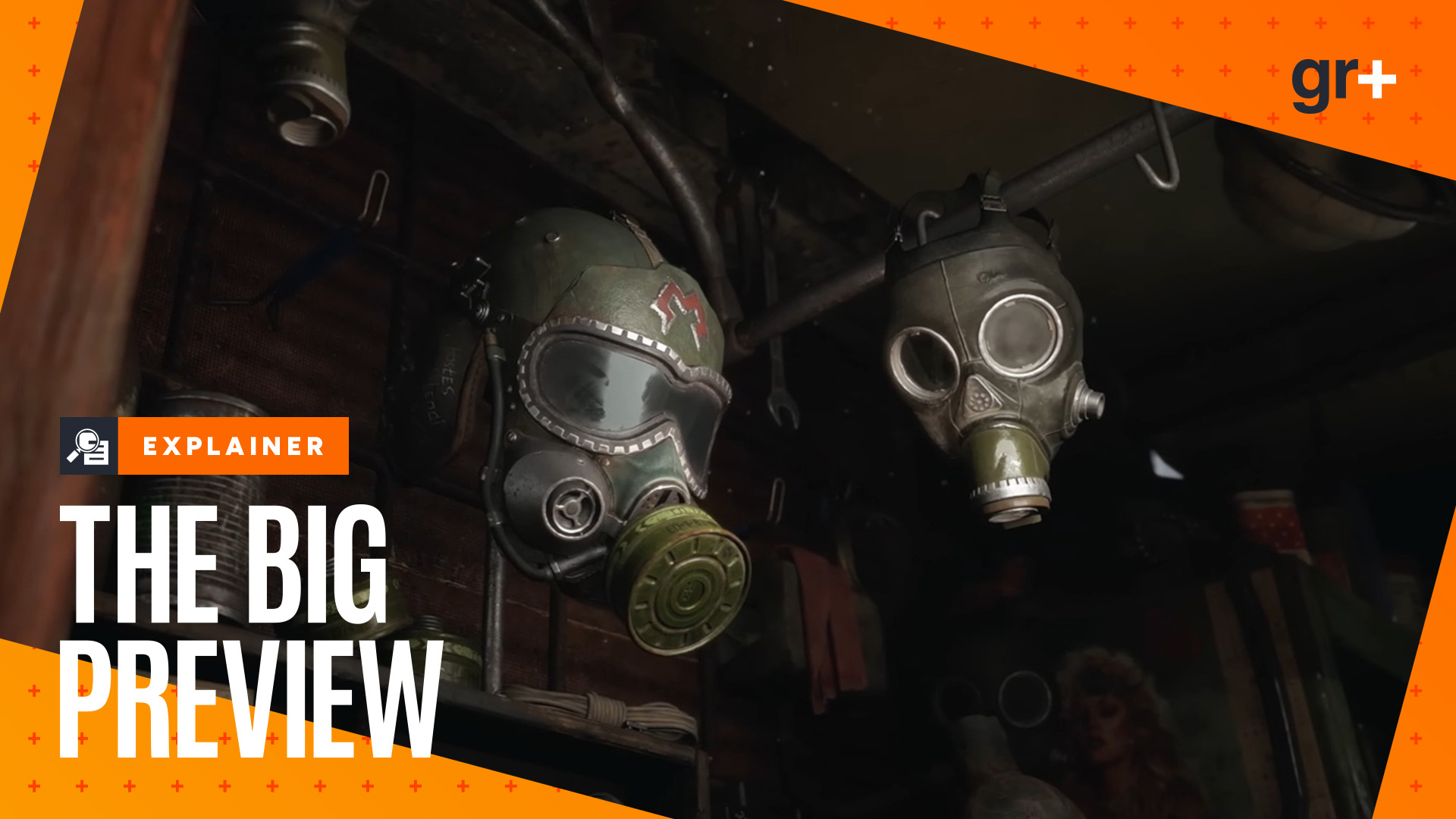 Two gas masks hang on a metal line in post-apocalyptic action FPS, Metro 2039 - with the GamesRadr+ Big Preview orange frame