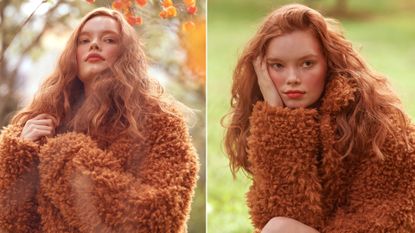 A model wears a furry orange winter coat.