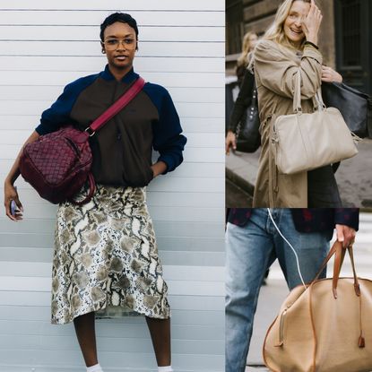 women carrying leather duffel bags at fashion week