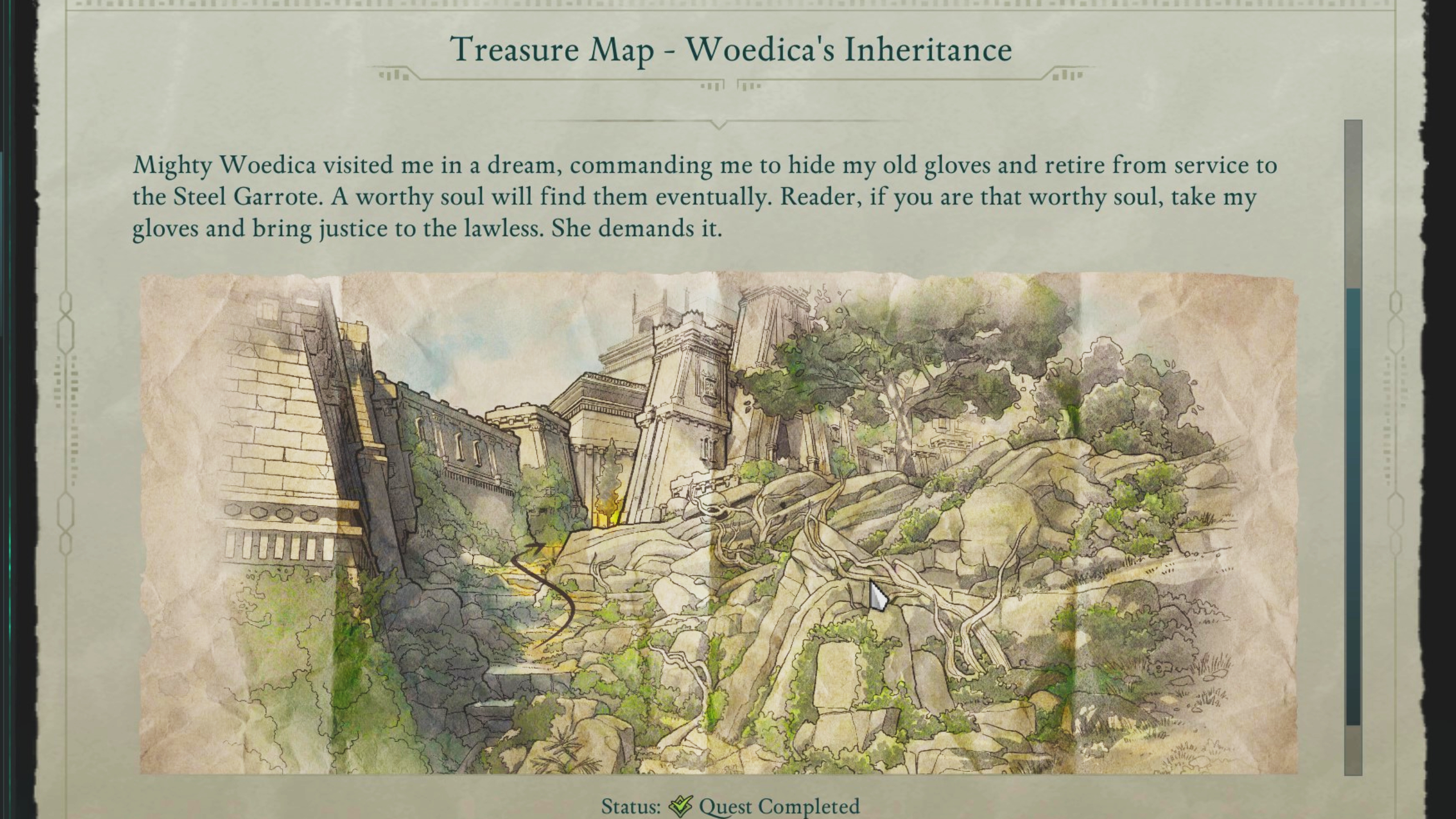 Avowed treasure maps - The clue page shows a painted map for Woedica's Inheritance.