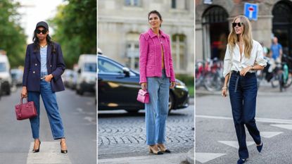 A composite of street style influencers wearing jeans and heels
