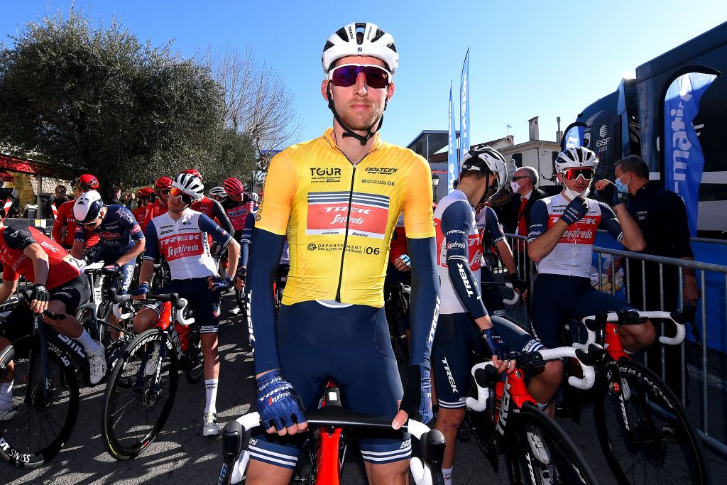 FAYENCE FRANCE FEBRUARY 20 Start Bauke Mollema of Netherlands and Team Trek Segafredo Yellow Leader Jersey during the 53rd Tour Des Alpes Maritimes Et Du Var Stage 2 a 1689km stage from Fayence to Fayence 357m letour0683 on February 20 2021 in Fayence France Photo by Luc ClaessenGetty Images