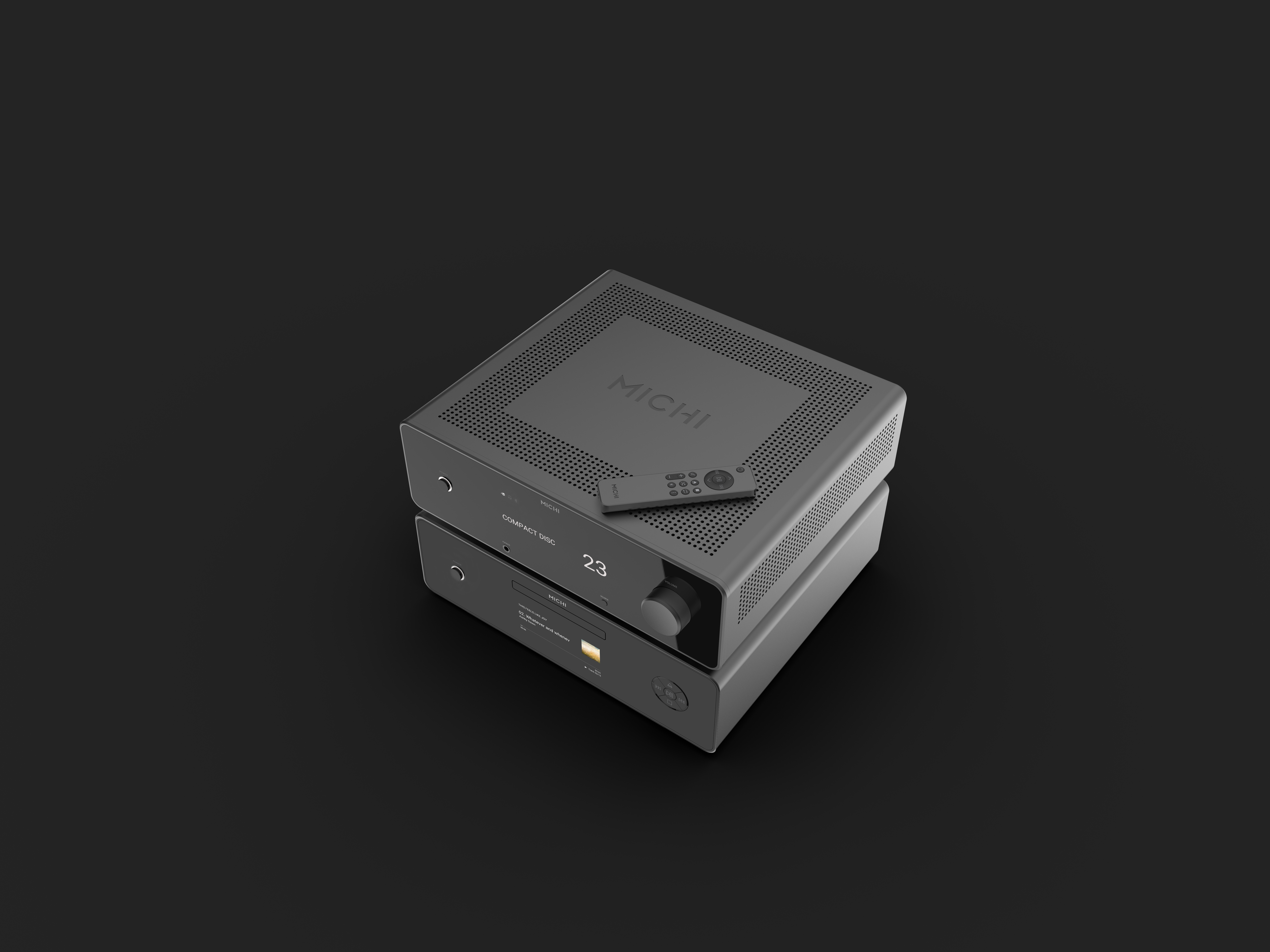 Rotel Michi Prestige X430 amplifier stacked on the Q430 CD player on a black background