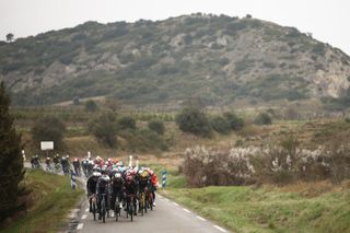 The pack of riders cycles during the 6th stage of the Paris-Nice cycling race, 209,8 km between Saint-Julien-en-Saint-Alban and Berre lâ€™Ã‰tang, on March 14, 2025. (Photo by Anne-Christine POUJOULAT / AFP)