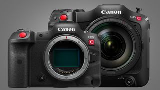 The Canon EOS R5 C and EOS C70 on a grey background