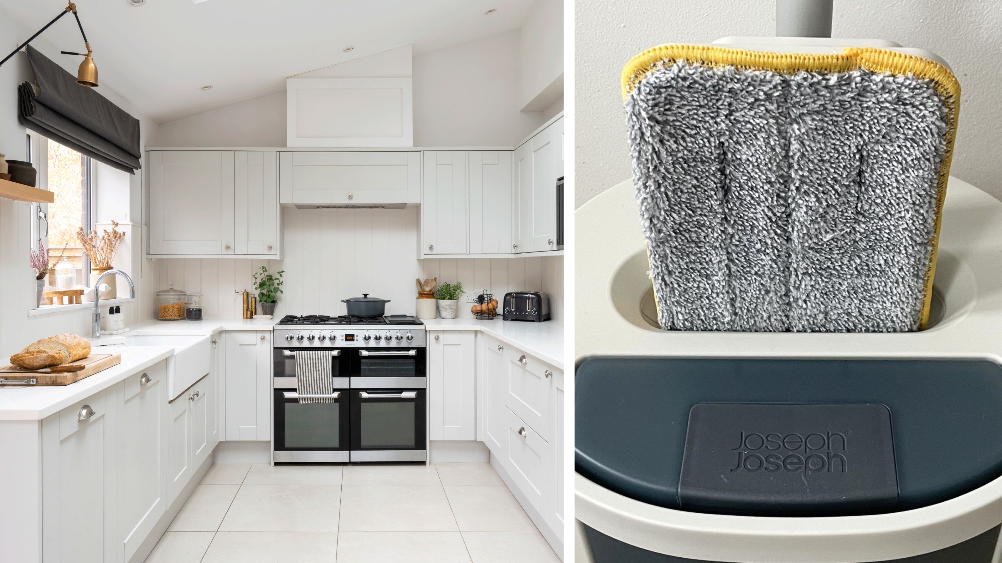 Picture of a white kitchen with white flooring on the left, and a close-up of the Joseph Joseph mop going into the bucket on the right