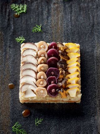 Close up of a colourful cake with a base of wild mushrooms and quinoa, rustic background, garnish