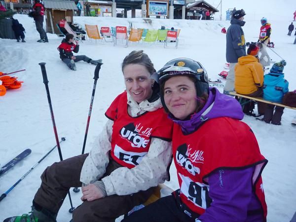 Sabrina Jonnier (right), of Hy&egrave;res, France, shares a moment with her good friend and eventual women's winner C&eacute;cile Ravanel on her way to finishing fourth in the women's Val d'Allos Urge Ski Enduro held at Val d'Allos on January 15, 2011.