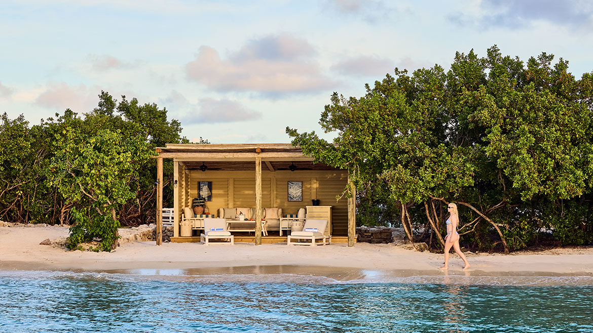 Exterior view of a beach cabin at The Hut, Little Jumby