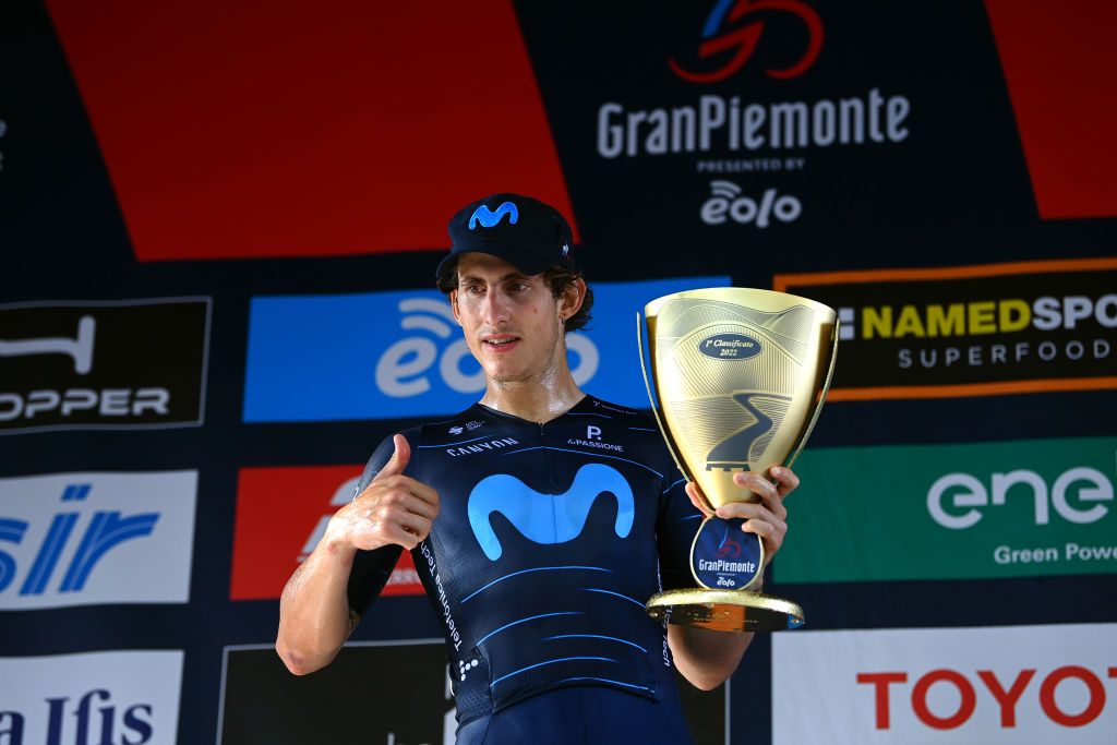 BEINASCO ITALY OCTOBER 06 Ivan Garcia Cortina of Spain and Movistar Team celebrates at podium as race winner during the 106th Gran Piemonte 2022 a 198km one day race from Omegna to Beinasco GranPiemonte on October 06 2022 in Beinasco Italy Photo by Tim de WaeleGetty Images