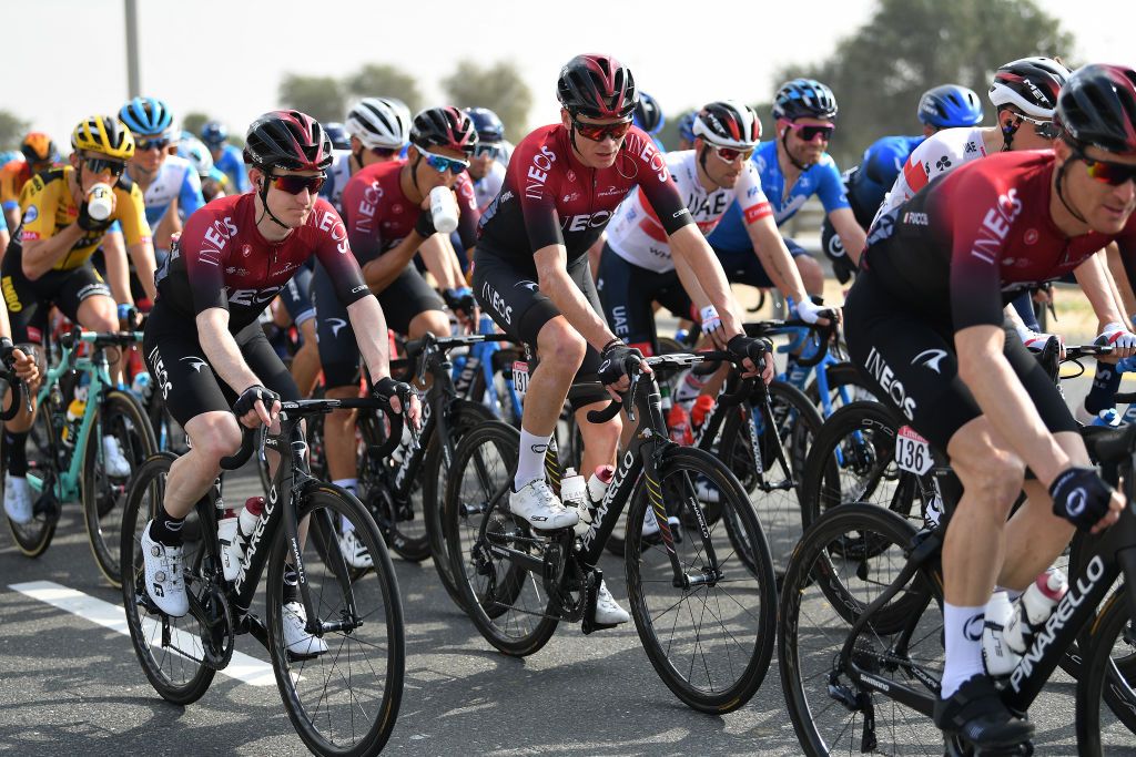 Chris Froome is protected by his Team Ineos teammates