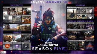 The Call of Duty Warzone Season 5 roadmap. Includes new map updates (the mobile broadcast station), a new gulag, new 'Clash' game mode, new perks (Combat Scout and Tempered), new operators (Kitsune, Stryker, and Hudson), new bundles, and new weapons (EM2, TEC-9, Cane, Marshal, and flamethrower).