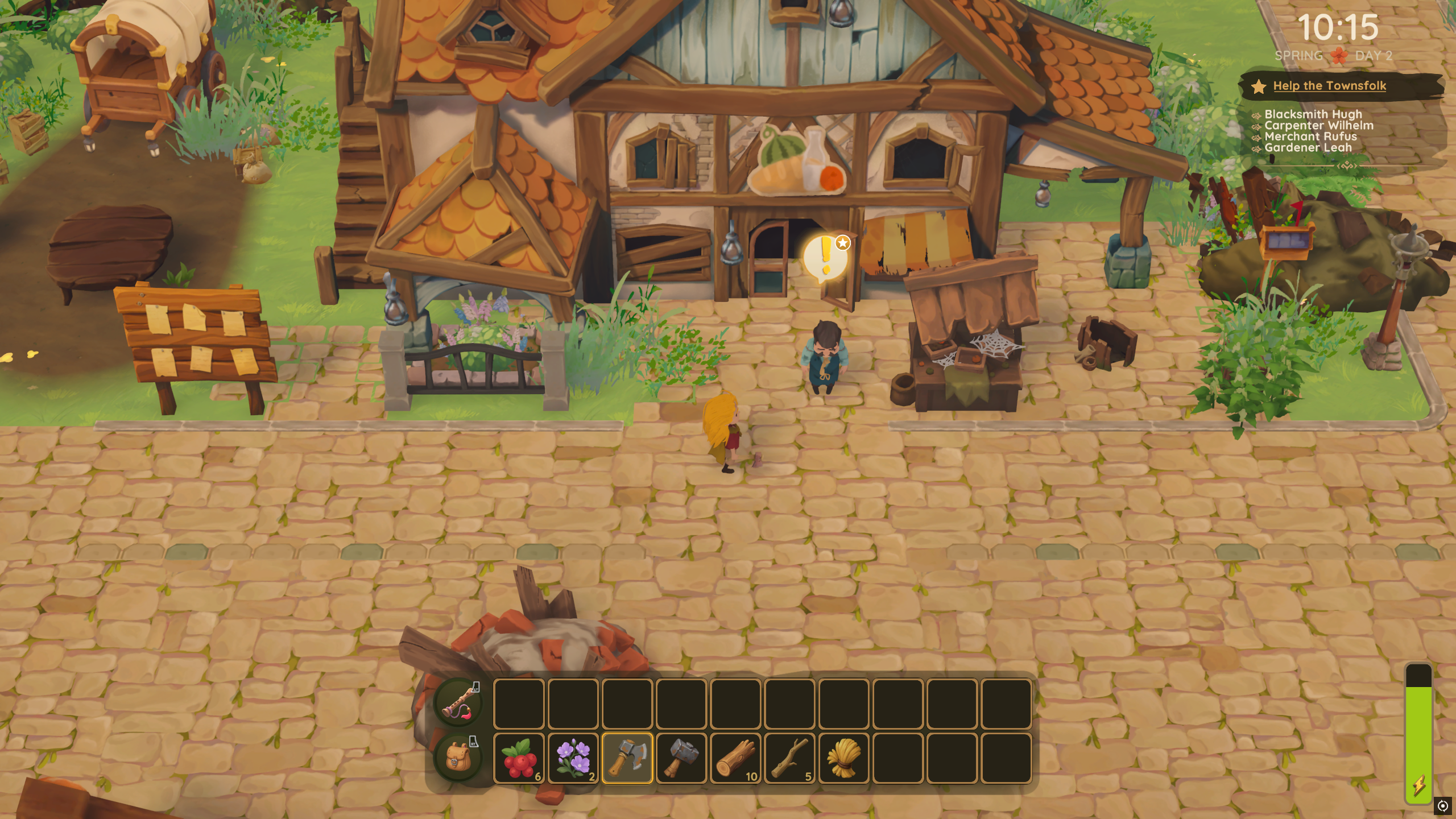 Dragon Shelter - A player stands in front of a broken down general store with a sad merchant out front.