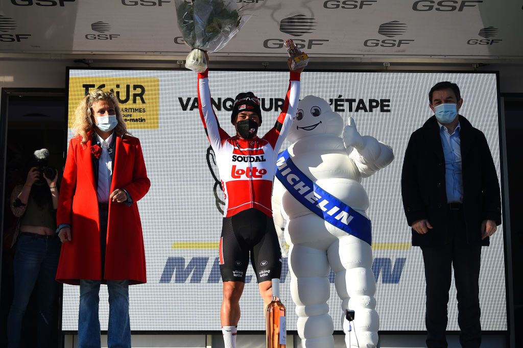 LA SEYNESURMER FRANCE FEBRUARY 18 Caleb Ewan of Australia and Team Lotto Soudal celebrates winning the stage one on the podium ceremony after the 54th Tour Des Alpes Maritimes Et Du Var 2022 Stage 1 a 176km stage from Saint Raphal to La SeynesurMer TDHV22 on February 18 2022 in La SeynesurMer France Photo by Dario BelingheriGetty Images