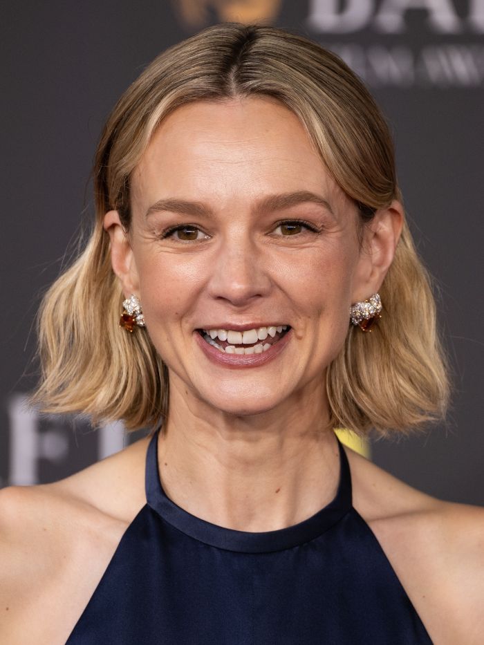 Carey Mulligan attends the 2026 EE BAFTA Film Awards at The Royal Festival Hall on February 22, 2026 in London, England with a chic bob hairstyle