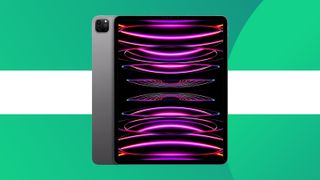 A product shot of the 2022 iPad Pro on a colourful background