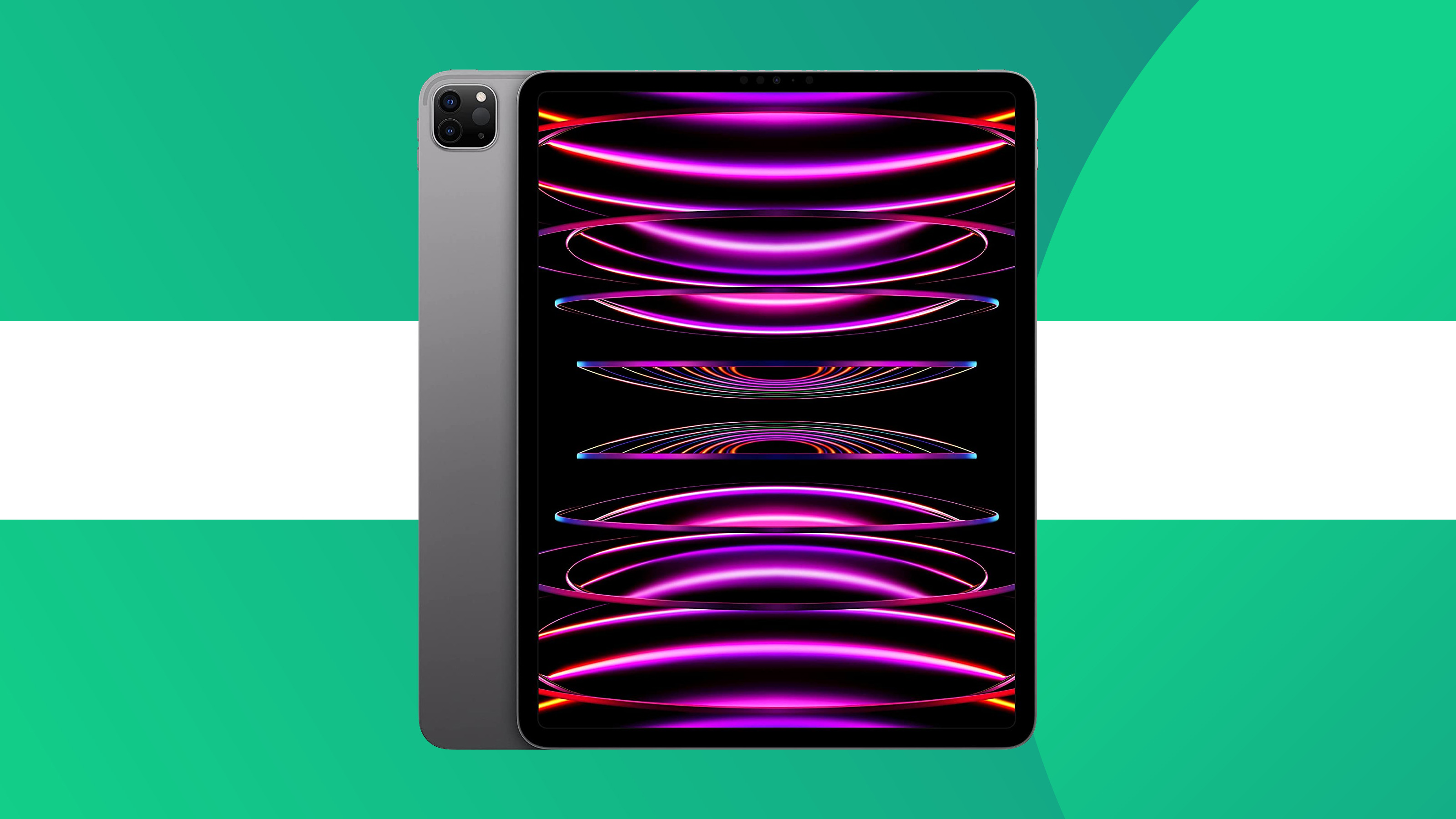 A product shot of the 2022 iPad Pro on a colourful background