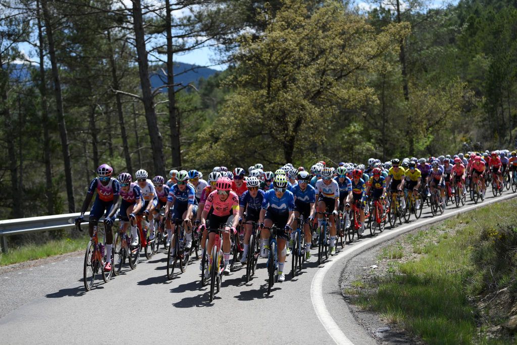 JACA SPAIN MAY 02 LR Teniel Campbell of Trinidad y Tobago and Team Liv AlUla Jayco Maud Rijnbeek of The Netherlands and AG Insurance Soudal Team Clara Koppenburg of Germany and Team EF EducationCannondale Sara Martin of Spain Olivia Baril of Canada Liane Lippert of Germany and Movistar Team and a general view of the peloton competing during the 10th La Vuelta Femenina 2024 Stage 5 a 1139km stage from Huesca to Alto del Fuerte Rapitan Jaca 1103m UCIWWT on May 02 2024 in Jaca Spain Photo by Alex BroadwayGetty Images