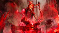 Key art of the new Diablo 4 Warlock class for Lord of Hatred. A figure in demonic armor and covered in red holds a sword and chains attached to a demon.