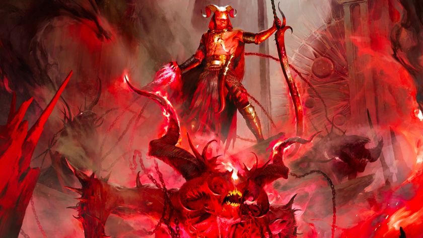 Key art of the new Diablo 4 Warlock class for Lord of Hatred. A figure in demonic armor and covered in red holds a sword and chains attached to a demon.